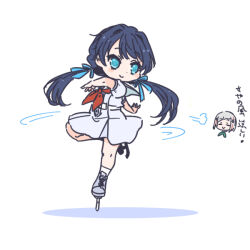  2girls blue_dress blue_eyes blue_hair blue_ribbon bob_cut chibi chibi_inset chibi_only closed_eyes diagonal_bangs dress figure_skating full_body hair_ornament hair_ribbon hasu_no_sora_school_uniform inverted_bob long_hair love_live! love_live!_hasu_no_sora_jogakuin_school_idol_club low_twintails medium_dress multicolored_hair multiple_girls murano_sayaka neckerchief pleated_dress puff_of_air puffy_short_sleeves puffy_sleeves red_hair red_neckerchief red_streaks revision ribbon sailor_collar sailor_dress school_uniform shinanoya_(satanicad) short_hair short_sleeves simple_background smile solo_focus spinning split_mouth star_(symbol) star_hair_ornament streaked_hair summer_uniform translation_request twintails virtual_youtuber white_background white_hair white_sailor_collar yugiri_tsuzuri 