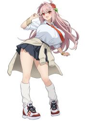  1girl absurdres black_skirt breasts cardigan cardigan_around_waist clothes_around_waist collared_shirt contrapposto fate/grand_order fate_(series) flower full_body gold_bangle hair_flower hair_intakes hair_ornament highres huge_breasts intron kijimuna_(fate) kneehighs long_hair looking_at_viewer miniskirt necktie open_mouth pink_hair red_eyes red_flower red_necktie shirt shoes simple_background skirt smile socks solo standing thighs v white_background white_shirt white_shoes white_socks wing_collar 