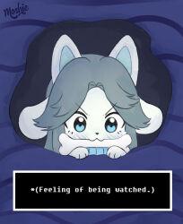  1girl 2016 2d anthro aqua_eyes aqua_sweater artist_name blue_background body_fur bone commentary deviantart_sample dialogue_box digital_media english_commentary english_text female female_only furry furry_female grey_hair highres image_sample long_hair moshiedraws multiple_animal_ears object_in_mouth sleeveless sleeveless_sweater solo striped_clothes striped_sweater sweater temmie text turtleneck turtleneck_sweater two-tone_sweater undertale utdr_(toby_fox) video_game_dialogue_box waterfall_(undertale) white_fur yellow_stripes 