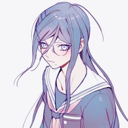  1girl blush breast_pocket closed_mouth commentary_request danganronpa_(series) danganronpa_another_episode:_ultra_despair_girls eyelashes fukawa_toko glasses hair_between_eyes highres ling_yun_(amadare0803) long_hair mole mole_under_mouth neckerchief pocket purple_hair round_eyewear sailor_collar simple_background solo white_background white_sailor_collar 