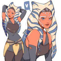  1girl ahsoka_tano alien artist_name blue_eyes dark-skinned_female dark_skin elbow_gloves gloves grey_background grey_gloves heart highres kamii_momoru lekku_(anatomy) looking_at_viewer multiple_views simple_background star_wars togruta 