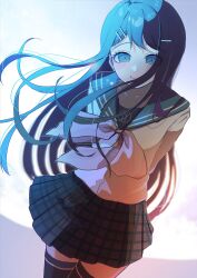 1girl arms_behind_back blue_eyes blue_hair blue_sailor_collar bow bowtie commentary_request danganronpa:_trigger_happy_havoc danganronpa_(series) grey_shirt hair_ornament hairclip highres long_hair long_sleeves looking_at_viewer maizono_sayaka pink_bow pink_bowtie pleated_skirt sailor_collar school_uniform shirt skirt smile solo thigh-highs yaseibb 