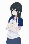  1girl bangs black_hair blue_shorts blush crossed_arms curecu8 denim denim_shorts hair_between_eyes highres koe_no_katachi parted_lips shirt short_sleeves shorts simple_background smile solo standing t-shirt ueno_naoka violet_eyes white_background white_shirt 