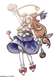  1girl :d ;d absurdres artist_name ball_and_chain_restraint bloomers blush boots bow bowtie brown_horns chain commentary_request dated footwear_bow full_body gourd hair_bow highres holding holding_gourd horn_ornament horn_ribbon horns ibuki_suika long_hair looking_at_viewer one-hour_drawing_challenge one_eye_closed oni orange_eyes orange_hair purple_skirt red_bow red_bowtie ribbon shirt simple_background skirt smile solo touhou ve1024 very_long_hair white_background white_bloomers white_boots white_shirt 