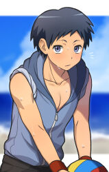  1boy ansatsu_kyoushitsu ball beach black_hair blue_eyes blurry blurry_background highres holding holding_ball hood hooded_jacket jacket letterboxed male_focus notice_lines ocean outdoors short_hair sleeveless sleeveless_jacket solo sugino_tomohito sukonbu_m sweat upper_body wristband 
