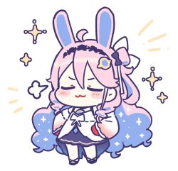  1girl :3 ahoge animal_ears black_skirt chibi chibi_only closed_eyes closed_mouth colored_inner_hair commentary_request denia_(wuthering_waves) dress gloves hair_ornament hands_on_own_hips kemonomimi_mode long_hair mono_mon multicolored_hair pink_hair puff_of_air purple_hair rabbit_ears rabbit_girl red_gloves simple_background skirt smug solo sparkle sparkling_aura white_background white_dress wuthering_waves 