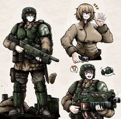  !? 1girl astra_militarum belt blonde_hair body_armor bolter bread explosive food grenade gun helmet highres holding holding_bolter holding_gun holding_weapon lasgun military_combat_uniform military_uniform multiple_views octosoup speech_bubble tunic violet_eyes warhammer_40k weapon 
