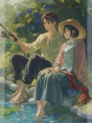  1boy 1girl black_hair black_pants blue_butterfly blue_flower blue_skirt breasts brown_hair bug butterfly cardigan closed_eyes closed_mouth collared_shirt commentary_request couple eren_yeager fishing fishing_rod flower full_body green_eyes grey_shirt hair_between_eyes hat hetero highres holding holding_fishing_rod light_smile lily_pad long_skirt medium_breasts mikasa_ackerman outdoors pants pants_rolled_up parted_bangs pink_cardigan red_scarf scarf shingeki_no_kyojin shirt short_hair sitting skirt soaking_feet straw_hat sun_hat twitter_username white_shirt yabi_oblivion 