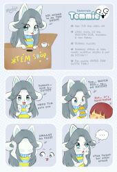  ... 1girl 1other 2016 2d ambiguous_gender anthro aqua_eyes aqua_sweater artist_name body_fur box brown_hair character_name character_profile character_sheet child commentary copyright_name cup deviantart_sample digital_media duo easter_egg egg english_commentary english_text female female_focus female_only frisk_(undertale) furry furry_female grey_hair highres holding holding_egg horizontal-striped_clothes human image_sample long_hair moshiedraws multiple_animal_ears short_hair simple_background sleeveless sleeveless_sweater striped_clothes striped_sweater sweater temmie text thought_bubble turtleneck turtleneck_sweater two-tone_sweater undertale utdr_(toby_fox) white_background white_fur yellow_stripes 