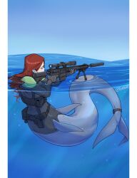  absurdres black_gloves gloves gun highres holding holding_gun holding_weapon long_hair long_sleeves merfolk mermaid monster_girl original rifle scope sniper_rifle solo suppressor tchenart underwater weapon 