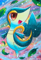  :d alternate_color color_ink_(medium) enryuu_(pixiv3483358) full_body highres leaf no_humans open_mouth pokemon pokemon_(creature) red_eyes shiny_pokemon smile snivy traditional_media 