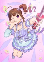  1girl ;) armpits bare_shoulders blue_dress bow breasts brown_hair commentary_request curtained_hair dress drill_hair eyelashes frilled_dress frills full_body hair_bow highres holding idolmaster idolmaster_million_live! idolmaster_million_live!_theater_days kamille_(vcx68) light_blush looking_at_viewer multiple_hair_bows official_alternate_costume one_eye_closed purple_dress side_drill smile solo star_(symbol) violet_eyes yokoyama_nao 