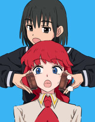  2girls black_eyes black_hair black_sailor_collar black_shirt blue_background blue_eyes can can_to_cheek collared_shirt commentary_request highres holding holding_can lara_(sayonara_lara) medium_hair multiple_girls ootsu_mari open_mouth red_hair sailor_collar sayonara_lara school_uniform serafuku shirt simple_background white_shirt yukitake_(bullfalk) 