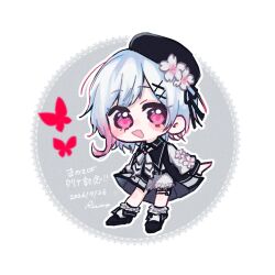  1girl :d artist_name belt beret black_choker black_coat black_hat black_shoes bug butterfly chibi choker coat collared_coat commentary dated flower flower-trimmed_shorts flower-trimmed_sleeves frilled_socks frills full_body gradient_hair hair_flower hair_ornament hat hat_flower hat_ribbon highres long_sleeves looking_at_viewer mahou_shoujo_no_majo_saiban multicolored_hair neck_ribbon o-ring o-ring_thigh_strap open_mouth pants pink_eyes pink_hair red_butterfly ribbon ru_moria sakuraba_ema shirt shoes short_hair shorts signature sleeveless sleeveless_coat smile socks solo thigh_strap translation_request untranslatable_commentary white_background white_flower white_hair white_pants white_ribbon white_shirt white_shorts white_sleeves white_socks x_hair_ornament 