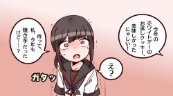  1girl anchor_symbol black_sailor_collar blush brown_eyes brown_hair commentary_request fubuki_(kancolle) fubuki_kai_ni_(kancolle) gradient_background kantai_collection ponytail sailor_collar school_uniform serafuku short_ponytail short_sleeves shouhou-san_daisuki_teitoku sweat upper_body white_serafuku 