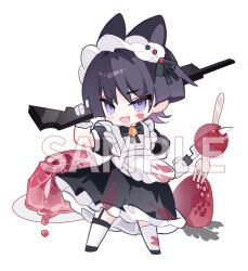  1boy alternate_costume animal_ears apron asymmetrical_dual_wielding black_dress black_hair black_sleeves blunt_ends blush cat_boy cat_ears chibi chibi_only choppy_bangs clenched_hand cranberry11_207 crossdressing crossdressing_(mtf) dress dual_wielding enmaided eyeliner food fork frilled_apron frills fruit full_body garter_belt gelatin genshin_impact gloves gun hand_up highres holding holding_gun holding_knife holding_weapon knife layered_dress long_dress maid makeup male_focus male_maid open_mouth red_eyeliner rifle scaramouche_(genshin_impact) scaramouche_(harbinger)_(genshin_impact) shadow shoes short_sleeves solo strawberry thigh-highs tsurime uneven_eyes violet_eyes weapon white_apron white_background white_dress white_gloves white_shoes white_thighhighs white_wrist_cuffs wolf_cut wrist_cuffs 