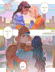  1boy 1girl aang animal_print artist_name avatar_aang:_the_last_airbender avatar_legends bald bead_bracelet bead_necklace beads black_hair blue_eyes bodysuit bracelet braid city cityscape cosplay english_text facing_another flower forehead-to-forehead green_eyes heads_together hetero highres jewelry katara lacampanule long_hair long_sleeves marvel mask multicolored_bodysuit necklace print_bodysuit red_bodysuit scar scar_on_face shirt single_braid smile speech_bubble spider-man spider-man_(cosplay) spider-man_(series) spider_print spider_web_print superhero_costume tattoo two-tone_bodysuit upper_body 