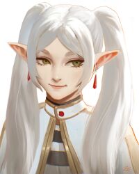  1girl absurdres artist_name capelet closed_mouth commentary earrings elf frieren green_eyes highres jewelry lips long_hair long_pointy_ears pointy_ears portrait shirt signature simple_background smile solo sousou_no_frieren striped_clothes striped_shirt twintails white_background white_capelet white_hair zienu 