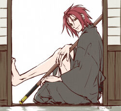  1boy barefoot closed_mouth commentary_request from_side full_body hakuouki_shinsengumi_kitan harada_sanosuke_(hakuouki) holding holding_polearm holding_weapon japanese_clothes kimono male_focus neneviti polearm red_hair short_hair shouji sitting sliding_doors smile solo weapon wide_sleeves yellow_eyes 