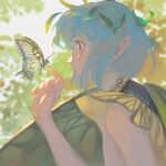  1girl antennae black_shirt blue_hair blurry blurry_background bug butterfly butterfly_on_hand butterfly_wings closed_mouth commentary eternity_larva fingernails from_side hair_ornament itsukann leaf leaf_hair_ornament looking_at_animal orange_eyes pointy_ears profile shirt short_hair solo touhou upper_body wings yellow_butterfly 