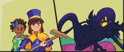  1boy 2girls a_hat_in_time bad_id bad_twitter_id black_eyes blue_bow blue_hairband blue_skirt bow bow_hairband bow_kid broom brown_hair buttons cape closed_mouth commentary curly_hair dark-skinned_female dark_skin english_commentary fangs fewer_digits frilled_sleeves frills frown ghost green_jacket green_pillow hairband hand_on_another's_shoulder hat hat_kid hat_ribbon holding holding_broom jacket kudo_nguyen long_sleeves looking_at_viewer medium_hair multiple_girls open_clothes open_jacket open_mouth pillow pink_pillow pointing purple_hat purple_jacket ribbon shirt short_hair sidelocks skin_fangs skirt smile snatcher_(a_hat_in_time) teeth top_hat two-handed upper_teeth_only v-shaped_eyebrows white_shirt yellow_cape yellow_eyes yellow_pillow yellow_ribbon zipper_pull_tab 