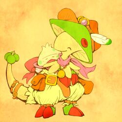  bag breloom closed_eyes closed_mouth highres kinakomochi_(kazuna922) looking_at_another mushroom no_humans open_mouth pokemon pokemon_(creature) pokemon_focus pokemon_on_back scarf shroomish simple_background smile standing tail 