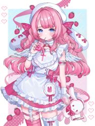  apron asymmetrical_legwear blue_eyes border braid collar commentary_request dress drink_carton drinking food frilled_apron frilled_wrist_cuffs frills fruit hat heart heart_o-ring highres holding holding_drink_carton holding_juice_box holding_stuffed_toy juice_box long_hair looking_at_viewer o-ring original pink_dress pink_ribbon pink_thighhighs ribbon shiina_(qh38crgwgf1yeut) sidelocks standing strawberry stuffed_toy thigh-highs thigh_strap twin_braids uneven_legwear white_border white_collar white_hat white_thighhighs white_wrist_cuffs wings wrist_cuffs 