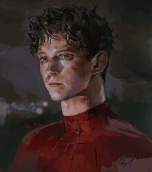  1boy artist_name black_background black_eyes black_hair bodysuit highres marvel painterly peter_parker portrait red_bodysuit scar scar_on_face short_hair sig_of solo_focus spider-man spider-man_(series) spider_web_print tom_holland very_short_hair 