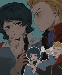  2boys aeug blonde_hair blue_background commentary_request eye_contact furrowed_brow grabbing_another's_chin gundam hand_on_another's_chin jacket jerid_messa kamille_bidan long_sleeves looking_at_another male_focus mecha_pilot_suit military_uniform mochimochi_saba multiple_boys profile short_hair speech_bubble v-shaped_eyebrows zeta_gundam 