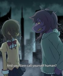  1girl 1other absurdres aster6xx black_bow black_eyes black_skirt bow bowtie brown_hair clenched_teeth colored_sclera colored_teeth commentary cosplay deltarune english_commentary english_text furry furry_female hair_bow highres hood hoodie kris_(deltarune) mahou_shoujo_madoka_magica mahou_shoujo_madoka_magica_(anime) medium_hair mitakihara_school_uniform red_bow red_bowtie reptile_girl sakura_kyoko sakura_kyoko_(cosplay) school_uniform sharp_teeth skirt subtitled susie_(deltarune) sweater teeth utdr_(toby_fox) yellow_sclera yellow_sweater yellow_teeth 