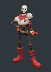  1boy 2022 3d armor blender_(medium) blue_shorts boots cape commentary contrapposto digital_media english_commentary full_body gloves grey_background hand_on_own_hip highres hip_bones hollow_eyes humanoid legs_apart male male_focus male_only monster monster_boy nightleyarts open_mouth papyrus_(undertale) print_armor red_boots red_cape red_gloves shorts simple_background skeleton solo spine standing teeth undead undertale utdr_(toby_fox) white_armor yellow_trim zbrush_(medium) 