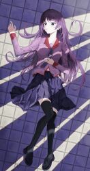  1girl :3 absurdres black_necktie black_thighhighs blue_eyes commentary_request highres juliet_sleeves long_hair long_sleeves looking_at_viewer monogatari_(series) necktie pleated_skirt puffy_sleeves purple_hair purple_shirt sabame50 school_uniform senjougahara_hitagi shirt skirt solo thigh-highs tile_floor tiles zettai_ryouiki 