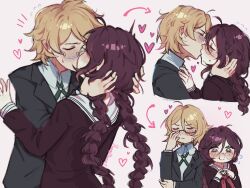  1boy 1girl ahoge black_jacket blonde_hair blush braid bunnymakio3 collared_shirt danganronpa:_trigger_happy_havoc danganronpa_(series) fukawa_toko glasses heart hetero highres jacket kiss long_hair long_sleeves mole mole_under_mouth neckerchief round_eyewear sailor_collar school_uniform semi-rimless_eyewear serafuku shirt short_hair skirt smile togami_byakuya twin_braids white_shirt 