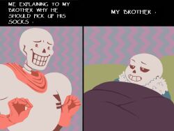  2020 2boys 2d armor blanket blue_background blue_jacket brothers cape couch digital_media duo english_text fur-trimmed_jacket fur_trim gloves highres hollow_eyes humanoid jacket long_sleeves loutpott male male_focus male_only me_explaining_to_my_mom_(meme) meme monster monster_boy multiple_boys no_lineart open_clothes open_jacket papyrus_(font) papyrus_(undertale) pink_background red_cape red_gloves sans_(undertale) siblings skeleton striped_background teeth text two-tone_background undead undertale utdr_(toby_fox) white_armor white_fur yellow_trim 