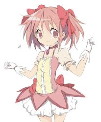 1girl bow choker closed_mouth collarbone commentary_request core_(mayomayo) cowboy_shot gloves hair_between_eyes hair_bow kaname_madoka kaname_madoka_(magical_girl) magical_girl mahou_shoujo_madoka_magica mahou_shoujo_madoka_magica_(anime) medium_hair pink_bow pink_choker pink_eyes pink_hair puffy_short_sleeves puffy_sleeves short_sleeves simple_background smile solo twintails white_background white_gloves