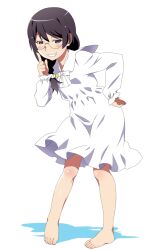  1girl :3 aged_down barefoot black_hair blush braid braided_ponytail cat_hair_ornament commentary contrapposto dress feet full_body gesugesu_ahoaho glasses grey_eyes grin hair_ornament hair_over_shoulder hand_on_own_hip hand_up hanekawa_tsubasa highres index_finger_raised long_hair long_sleeves monogatari_(series) round_eyewear shadow simple_background smile smug solo standing watanabe_akio_(style) white_background white_dress 