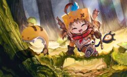  1girl absurdres advarcher ahoge blonde_hair blush brown_gloves brown_hair closed_eyes commentary derivative_work english_commentary forest gigi_murin gloves hair_through_hood highres holding hololive hololive_english hood hood_down jacket league_of_legends multicolored_hair nature open_mouth orange_hood orange_jacket outdoors shoes short_hair smile tail teemo_(league) tree twintails two-tone_hair virtual_youtuber 