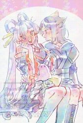  2girls @_@ animal_ears blue_eyes blue_hoodie blush cho_kaguya-hime! commentary dotted_background doumo_yodesu forehead_jewel fox_ears green_eyes hair_ornament hair_rings hair_stick hand_on_another's_waist highres hood hoodie japanese_clothes kimono long_hair looking_at_another multiple_girls purple_hair purple_kimono runami_yachiyo runami_yachiyo_(tsukuyomi) sakayori_iroha sakayori_iroha_(tsukuyomi) shoulder_blush sitting stuffed_animal stuffed_octopus stuffed_toy sweat thick_eyebrows watermark yuri 