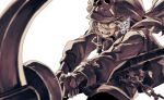  1girl anchor baggy_clothes belt dong_hole gloves greyscale guilty_gear guilty_gear_strive hat highres holding holding_anchor jacket jolly_roger may_(guilty_gear) monochrome open_mouth simple_background solo weapon white_background 