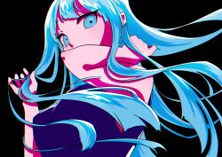  1girl absurdres aqua_eyes aqua_hair black_background commentary_request copyright_request danedane0413 eyelashes highres holding_own_hair long_hair no_sclera pink_scarf scarf scarf_over_mouth simple_background solo sukiichi_pixiv 