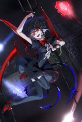  1girl absurdres asymmetrical_wings black_dress black_hair black_thighhighs blue_wings bow bowtie building commentary_request dress full_body highres holding holding_polearm holding_weapon houjuu_nue open_mouth pointy_ears polearm red_bow red_bowtie red_eyes red_shoes red_wings shoes short_sleeves smile snake snake_wrapped_around_arm solo suika_(pixiv_26385835) thigh-highs touhou trident ufo weapon wings 