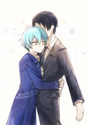  1boy 1girl absurdres angela_(project_moon) ascot black_hair black_jacket black_necktie black_pants black_suit blue_coat blue_hair closed_mouth coat collared_shirt commentary_request cowboy_shot faceless faceless_male frilled_sleeves frills hetero highres hug jacket library_of_ruina long_sleeves necktie pants project_moon roland_(project_moon) shirt short_hair simple_background suit white_ascot white_background white_shirt wing_collar yellow_eyes zxhaneki 