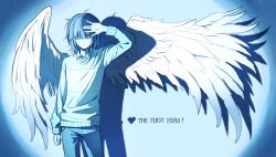  1other angel_wings collared_shirt commentary deltarune deltarune_gum english_text feathered_wings green_sweater heart highres kris_(deltarune) long_sleeves looking_to_the_side other_focus shading_eyes shadow shirt short_hair single_horizontal_stripe sweater untranslatable_commentary utdr_(toby_fox) vignetting wings 