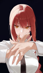  1girl absurdres black_background black_necktie braid braided_ponytail chainsaw_man chinese_commentary collared_shirt commentary dress_shirt hair_between_eyes highres long_hair low_ponytail makima_(chainsaw_man) necktie own_hands_together ponytail red_eyes red_hair ringed_eyes shirt simple_background solo upper_body white_shirt xuegao_ice yellow_eyes 
