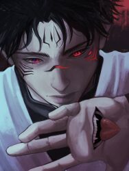  1boy black_hair closed_mouth extra_mouth facial_tattoo highres jujutsu_kaisen ryoumen_sukuna_(jujutsu_kaisen) ryoumen_sukuna_(second_possession)_(jujutsu_kaisen) short_hair solo tattoo tomiokamon 