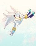  1boy animal_nose boots closed_mouth floating full_body furry furry_male gloves highres looking_at_viewer male_focus nisibo25 silver_the_hedgehog smile solo sonic_(series) white_gloves yellow_eyes 