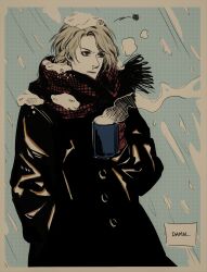  1boy absurdres bishounen black_coat black_eyeshadow black_lips blonde_hair checkered_clothes checkered_scarf cipcal closed_mouth coat coffee_mug cup damien_shade english_text eyeshadow gloves gouketsuji_ichizoku groove_on_fight highres holding holding_cup makeup male_focus mug pocket red_eyes red_gloves red_scarf runny_nose scarf short_hair snot snow snow_on_head snowing solo squiggle 