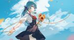  1girl aqua_hair bangs blue_dress blue_eyes blue_ribbon blue_sky bouquet bow bowtie chinese_commentary clouds cloudy_sky commentary_request cowboy_shot dress flower flower_bracelet grin hair_ornament hairclip hatsune_miku highres holding holding_flower holding_ribbon hua_ben_wuming long_hair looking_at_viewer petals pinafore_dress red_bow red_bowtie ribbon shirt short_sleeves sky smile solo thigh-highs twintails vocaloid white_shirt white_thighhighs yellow_ribbon 