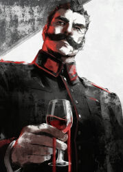  1boy absurdres alcohol black_hair buttons cup drink drinking_glass facial_hair highres holding holding_drink kurt_von_rudersdorf limited_palette male_focus military military_uniform mustache riiiii000aa short_hair simple_background solo upper_body wine wine_glass youjo_senki 