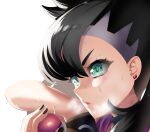  1girl arm_up bangs black_hair black_nails breath close-up earrings eyelashes fingernails gloves green_eyes highres jewelry looking_ahead marnie_(pokemon) parted_lips poke_ball pokemon pokemon_(game) pokemon_swsh serious simple_background sweat takurowo white_background wiping_face wiping_sweat 